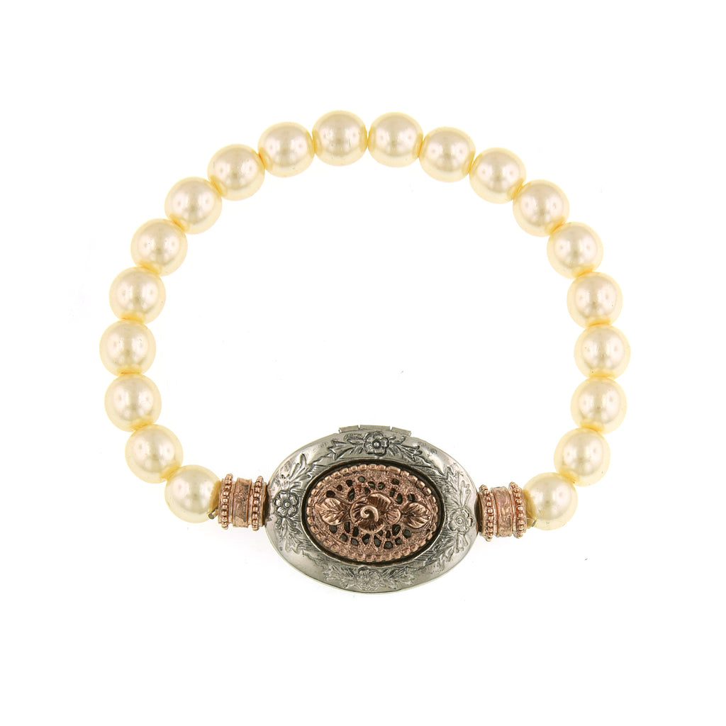 Rose Gold Tone And Faux Pearl Locket Bracelet