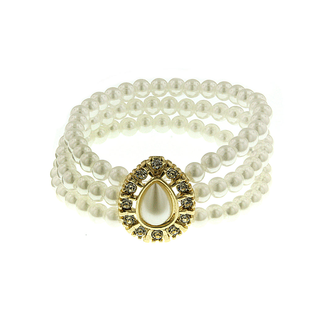 Faux Pearl With Crystal 3 Row Stretch Bracelet