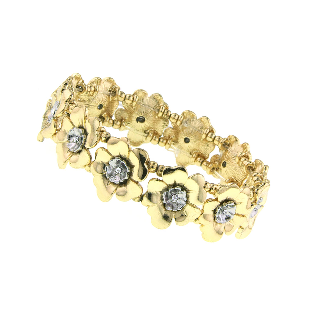 Gold Tone And Silver Tone Crystal Flower Stretch Bracelet