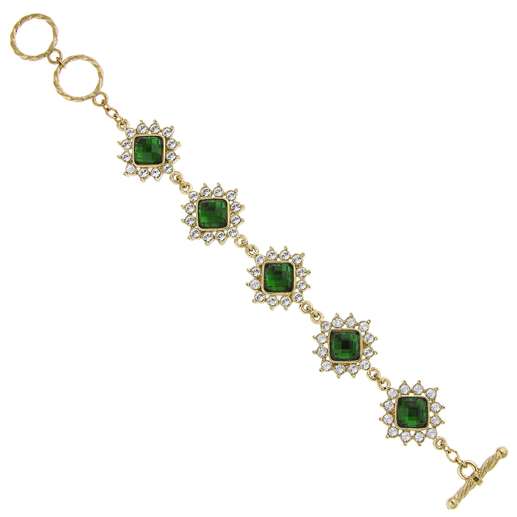 Gold Tone Green Stone And Crystal Toggle Bracelet