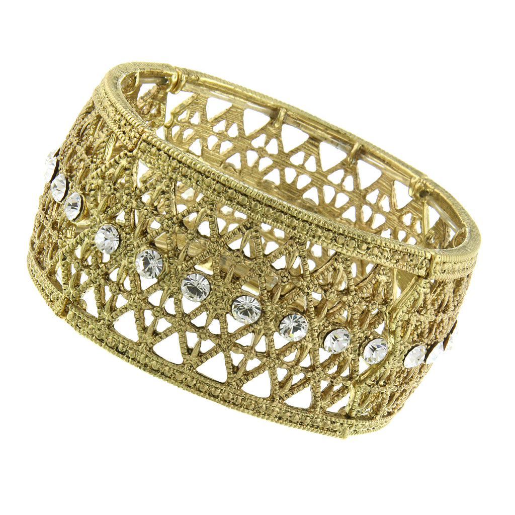 Gold Tone Crystal Wide Filigree Stretch Bracelet
