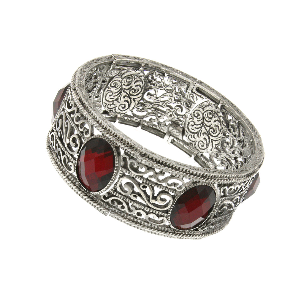 Silver Tone Red Faceted Oval Stone Stretch Bracelet