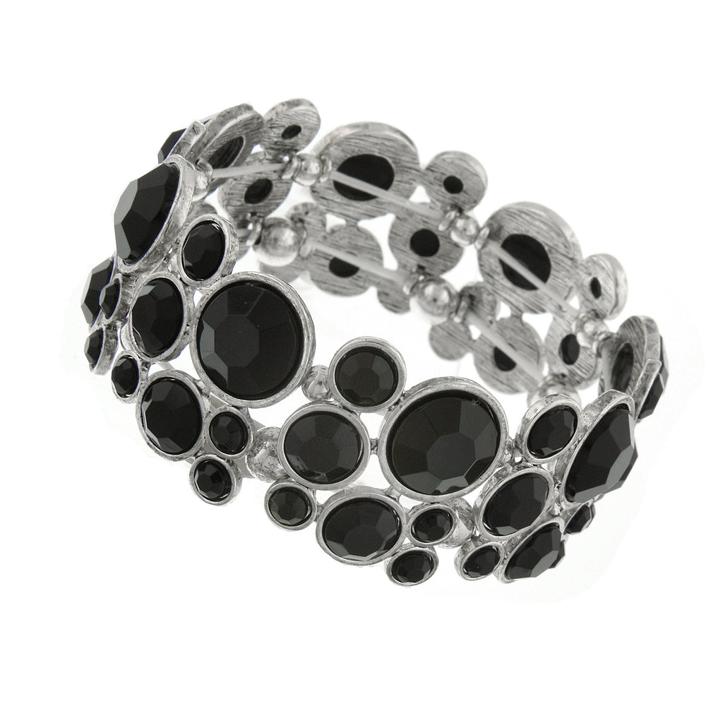 Silver Tone Black Cluster Stretch Bracelet
