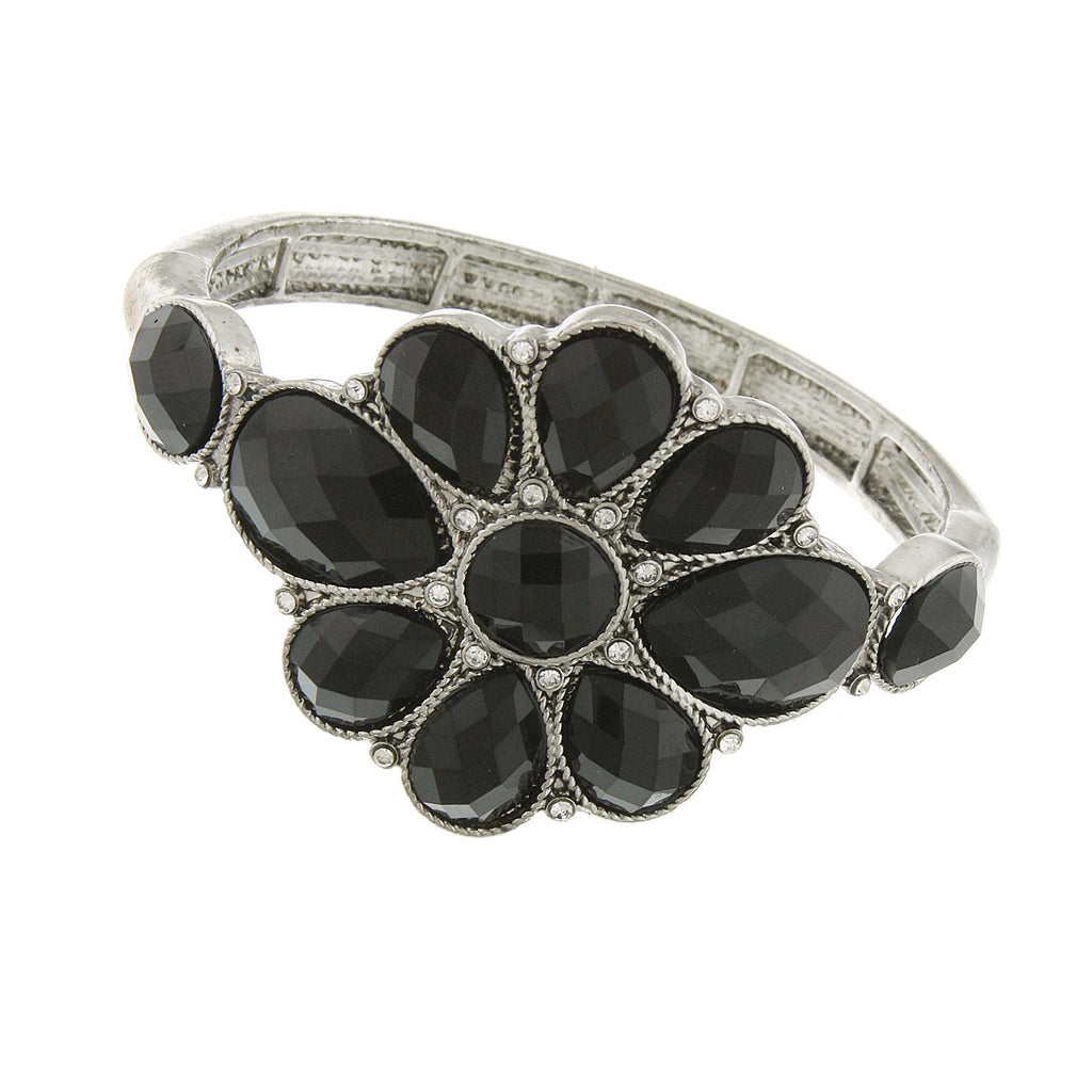 Silver Tone Black Faceted Flower Stretch Bracelet