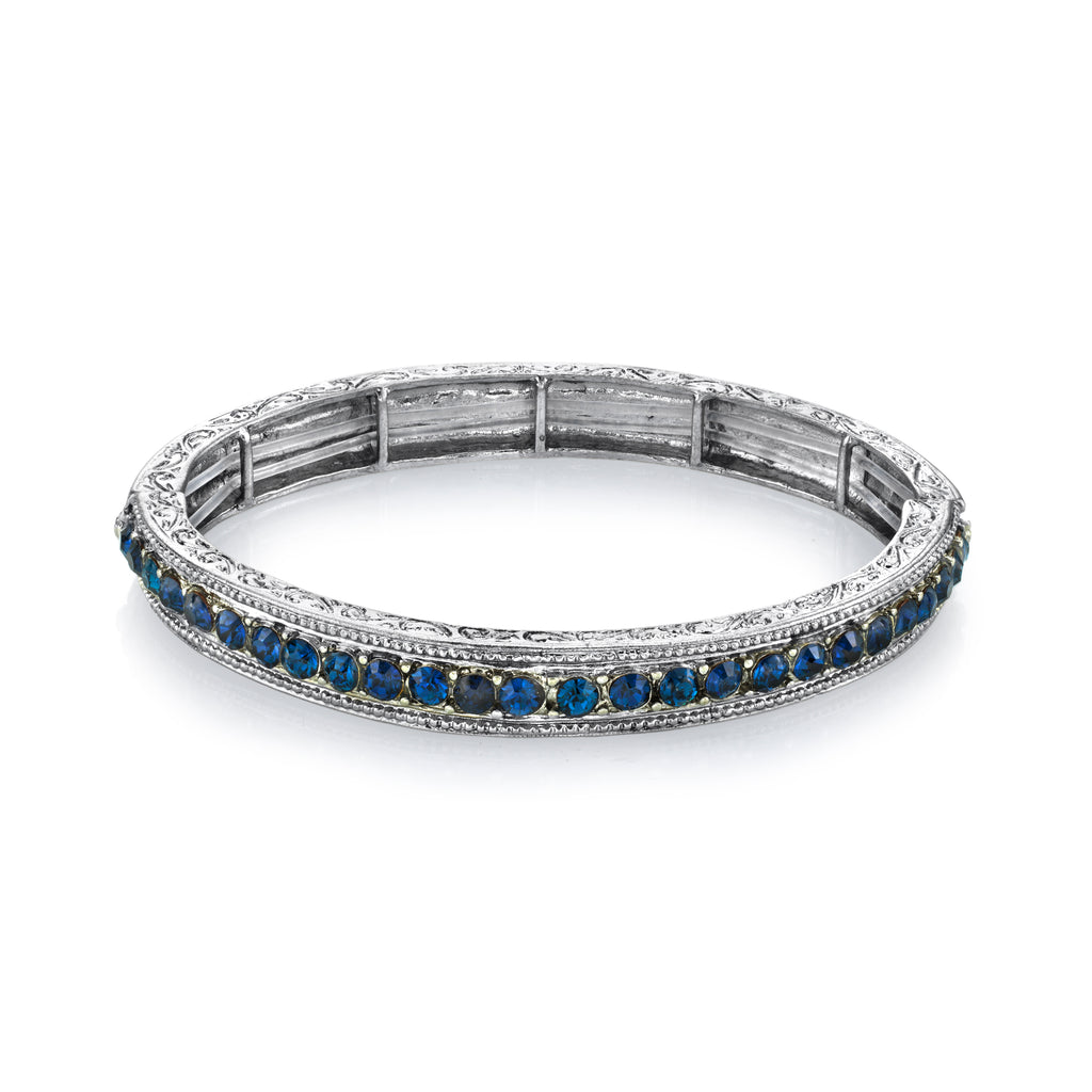 Silver Tone Sapphire Blue Color Crystal Stretch Bracelet