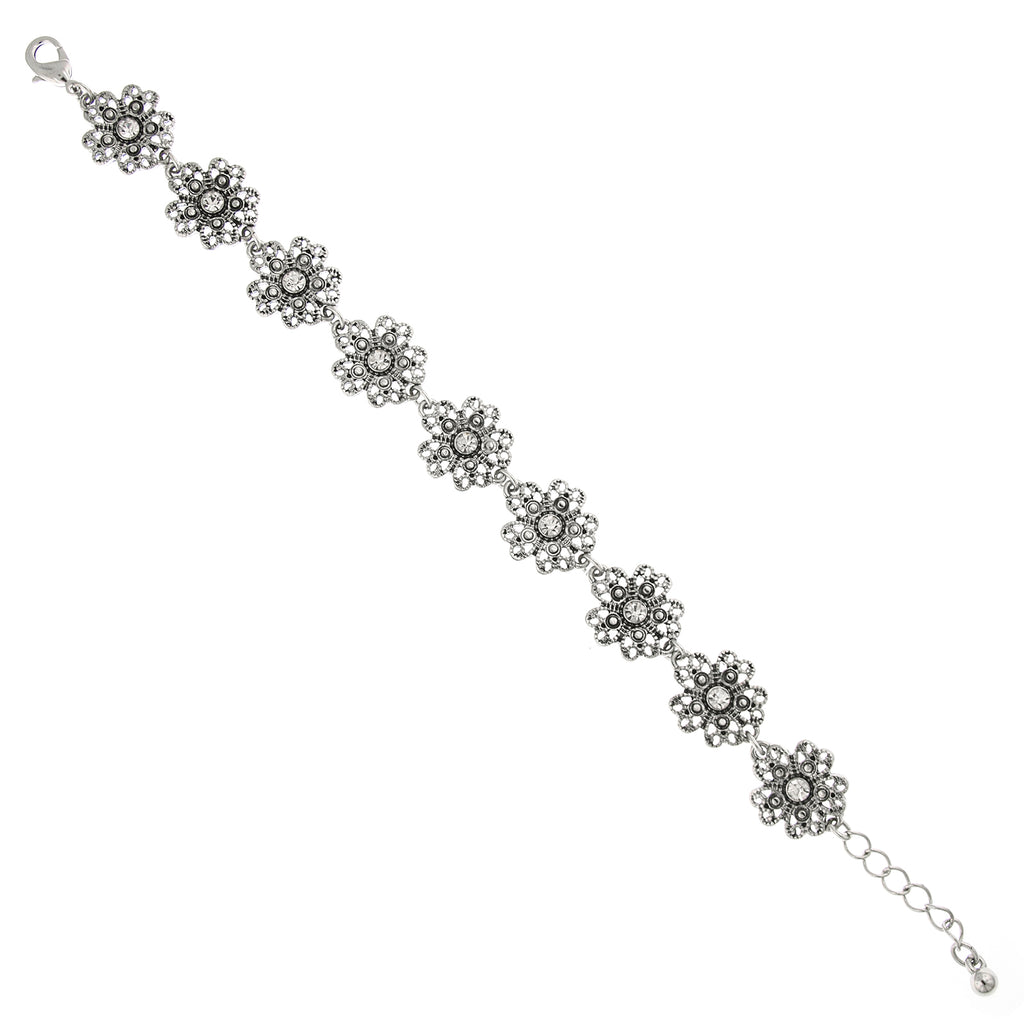 Silver Tone Crystal Flower Link Bracelet