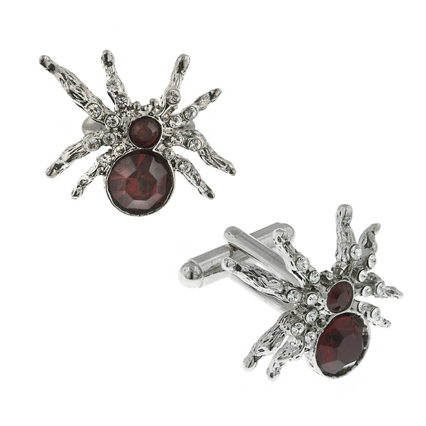 Silver-Tone And Red Crystal Spider Cufflinks