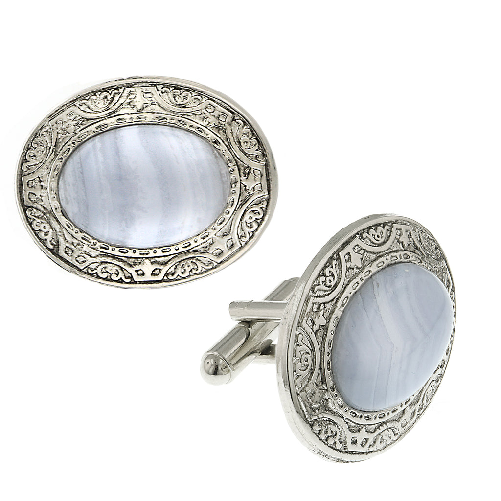 Silver Tone Semi Precious Blue Lace Agate Oval Cufflinks