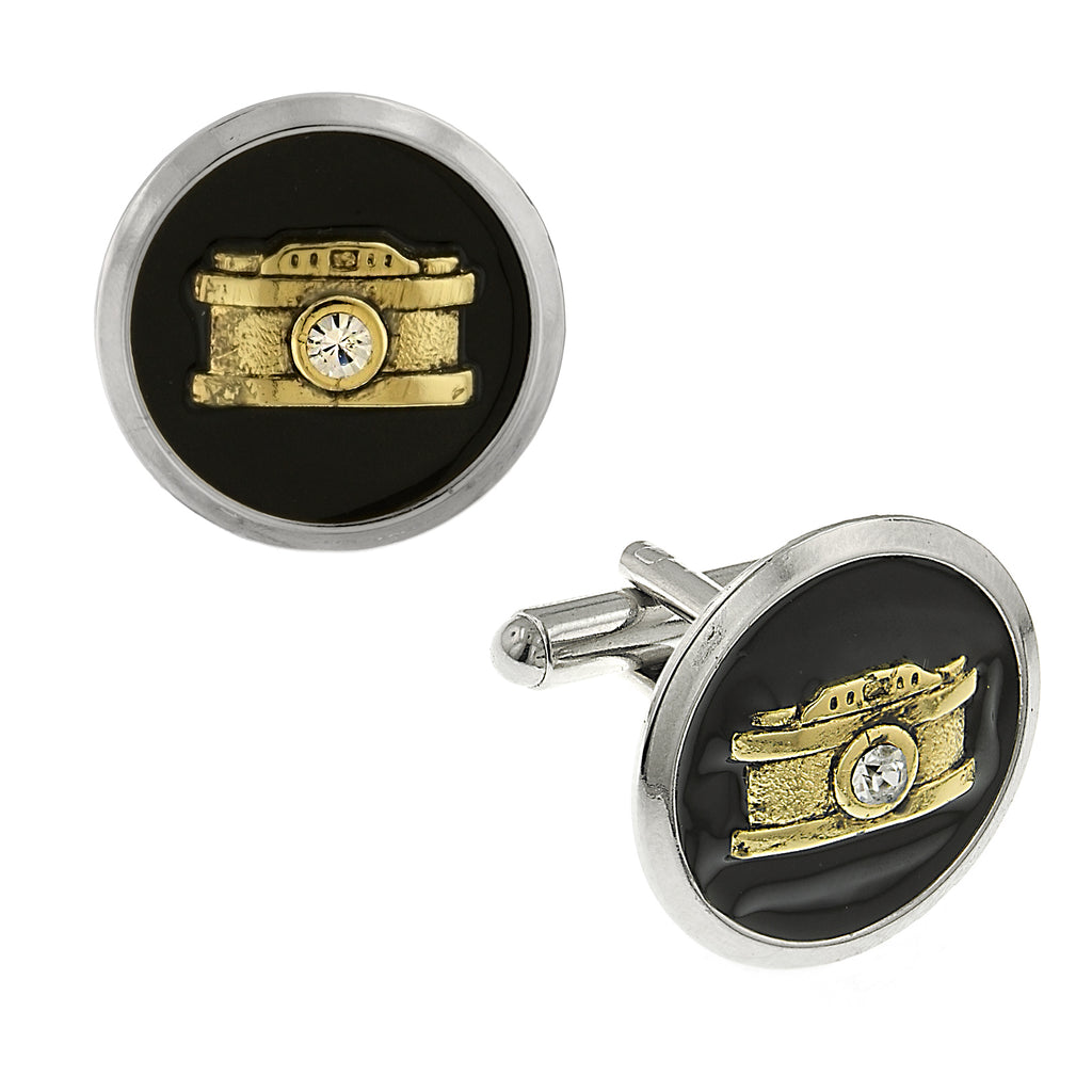 Silver Tone And 14K Gold Dipped Black Enamel Crystal Camera Cufflinks
