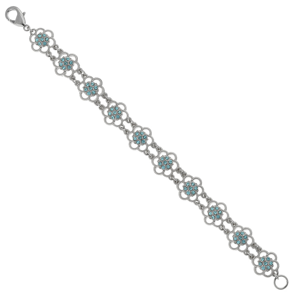 Silver Tone Aqua Flower Link Bracelet