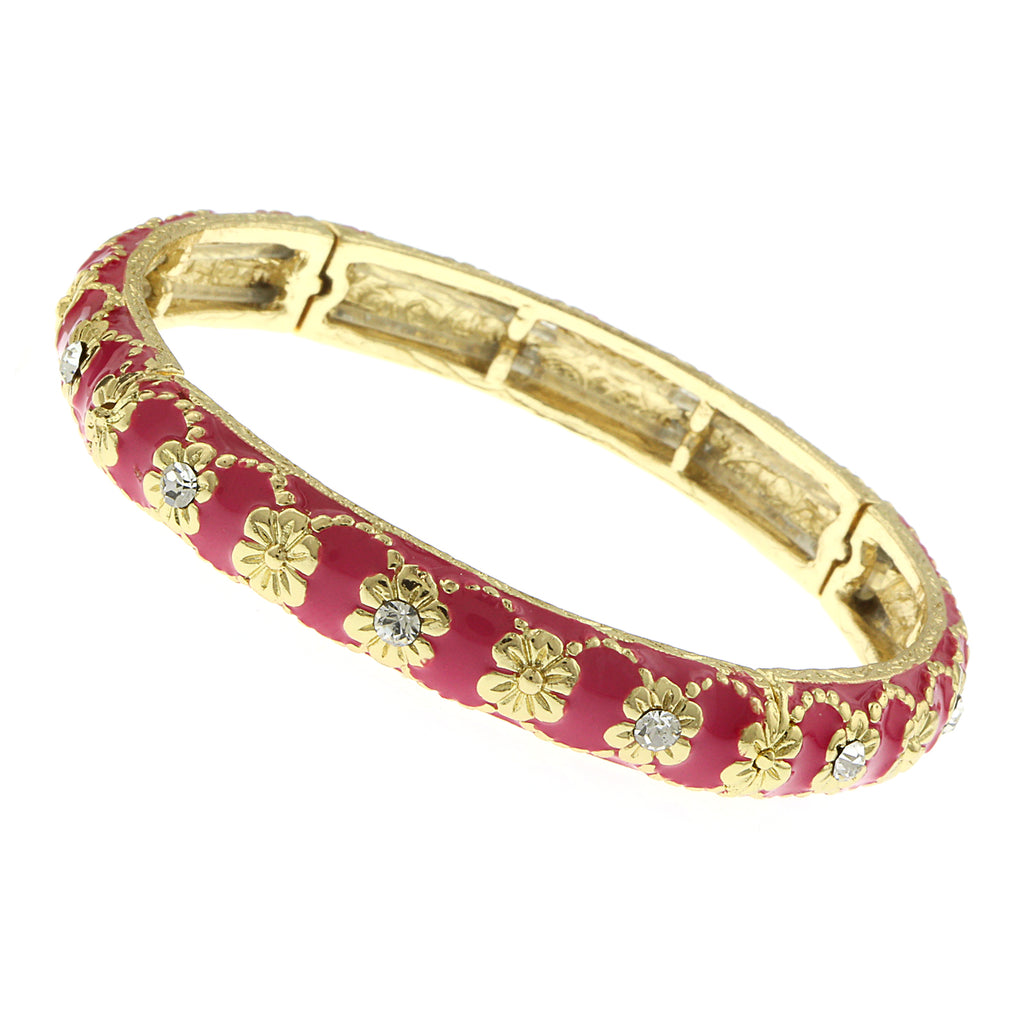 Gold Tone Crystal With Pink Enamel Stretch Bracelet