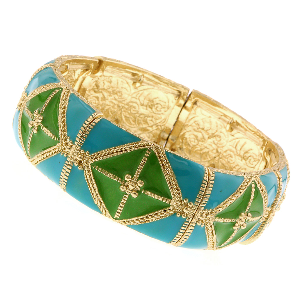 Gold Tone Turquoise And Green Wide Enamel Stretch Bracelet
