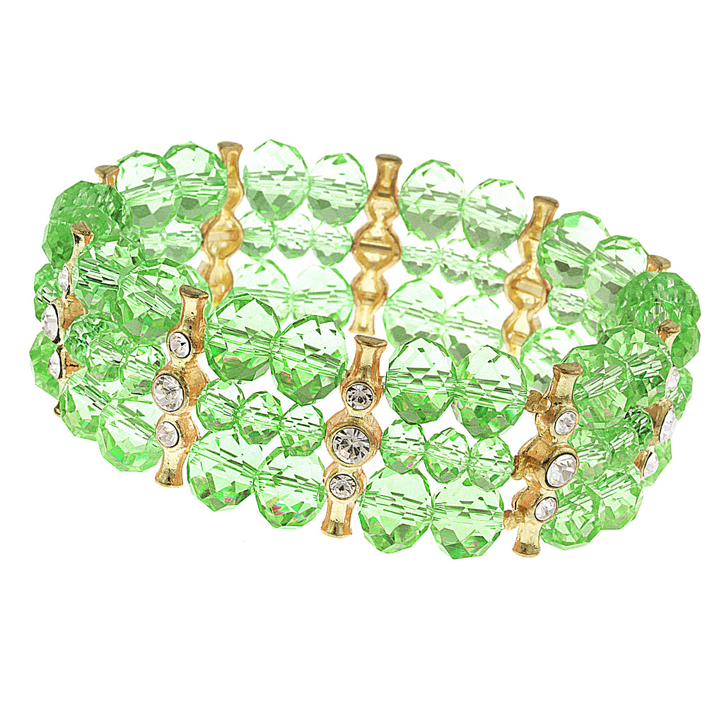 2028 Gold Tone Green With Crystal 3 Row Beaded Stretch Bracelet