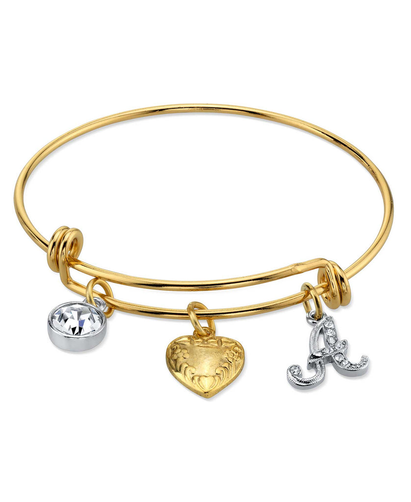 14K Gold Dipped Heart And Initial Crystal Charm Bracelet