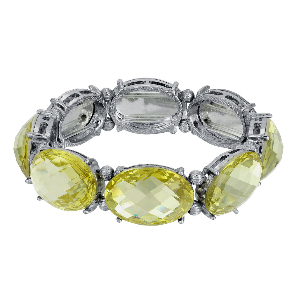 Silver Tone Light Yellow Crystal Oval Faceted Stretch Bracelet