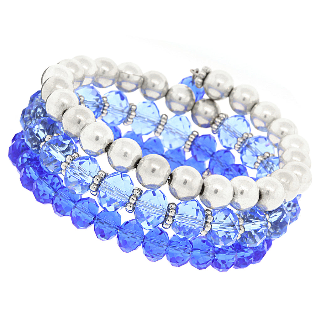 Silver Tone Sapphire Blue Beaded Coil Bracelet