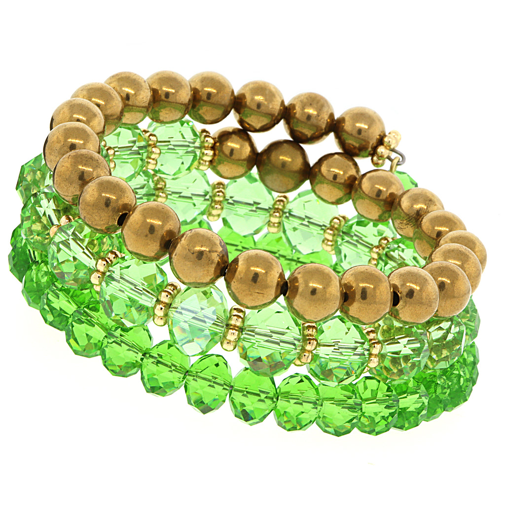 Gold Tone Green Beaded Coil Bracelet