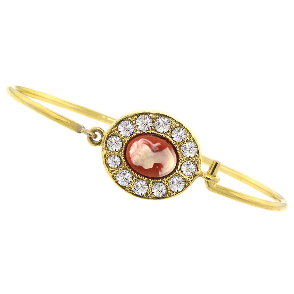 Gold Tone Carnelian Cameo and Crystal Oval Wire Bracelet