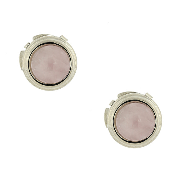 Silver Tone Genuine Semi Precious Stone Round Button Covers Rose Quartz