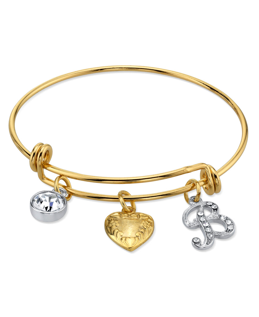 14K Gold Dipped Heart And Initial Crystal Charm Bracelet B