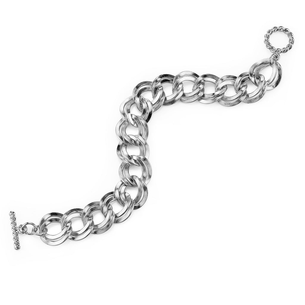 Silver Tone Curb Link Chain Toggle Bracelet
