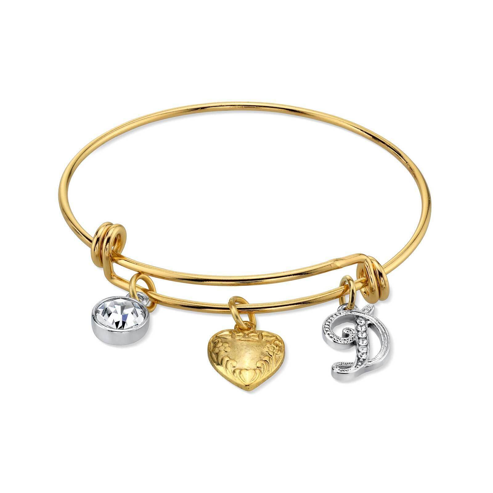 1928 Jewelry Gold Heart Initial Crystal Charm Bangle Bracelet, 2.5"