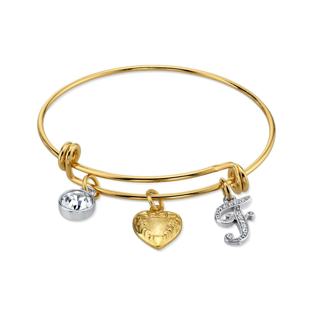 Women's Gold Heart F Initial Crystal Charm Bangle Bracelet, 2.5"