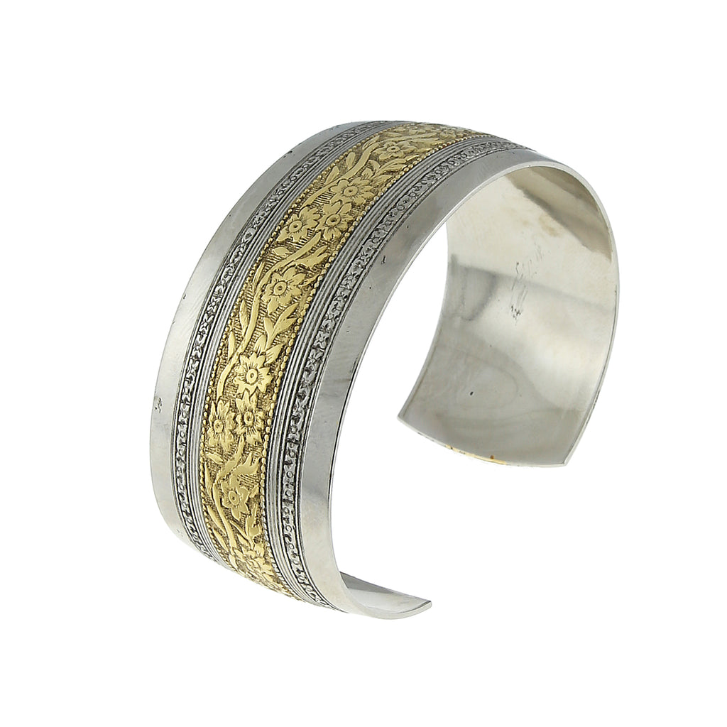 Silver Tone And Gold Dipped Floral Cuff Bracelet