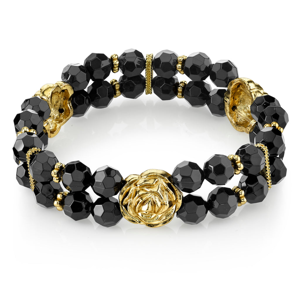 Gold Tone Black Beaded Stretch Bracelet