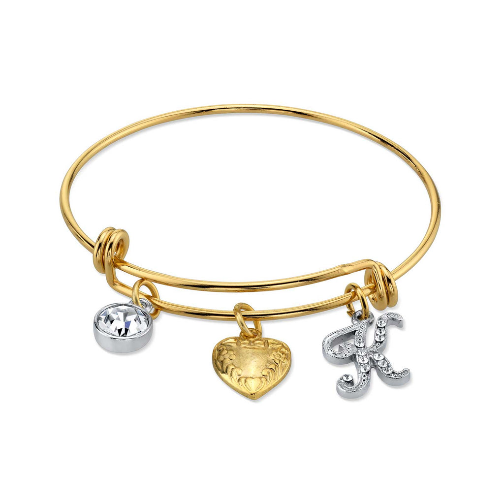 Women's Gold Heart K Initial Crystal Charm Bangle Bracelet, 2.5"