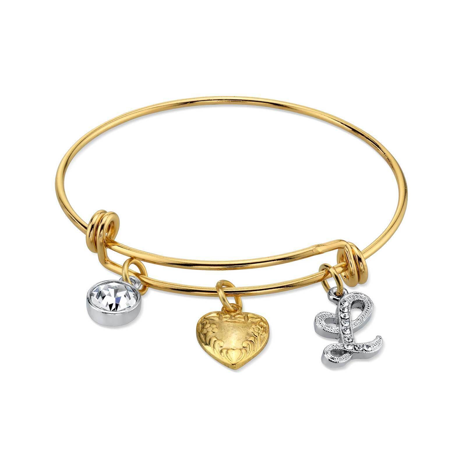 1928 Jewelry Gold Heart Initial Crystal Charm Bangle Bracelet, 2.5"