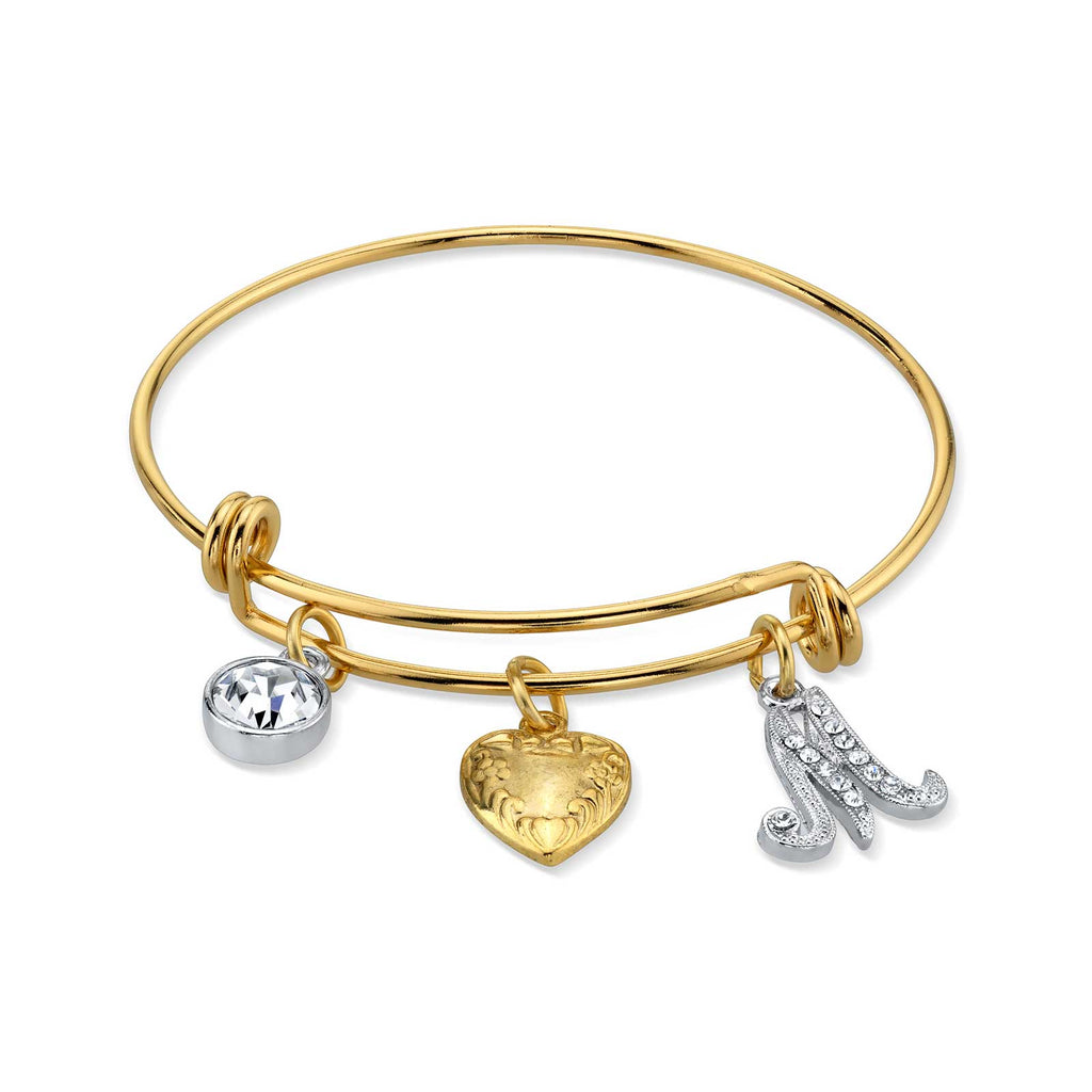 Women's Gold Heart M Initial Crystal Charm Bangle Bracelet, 2.5"