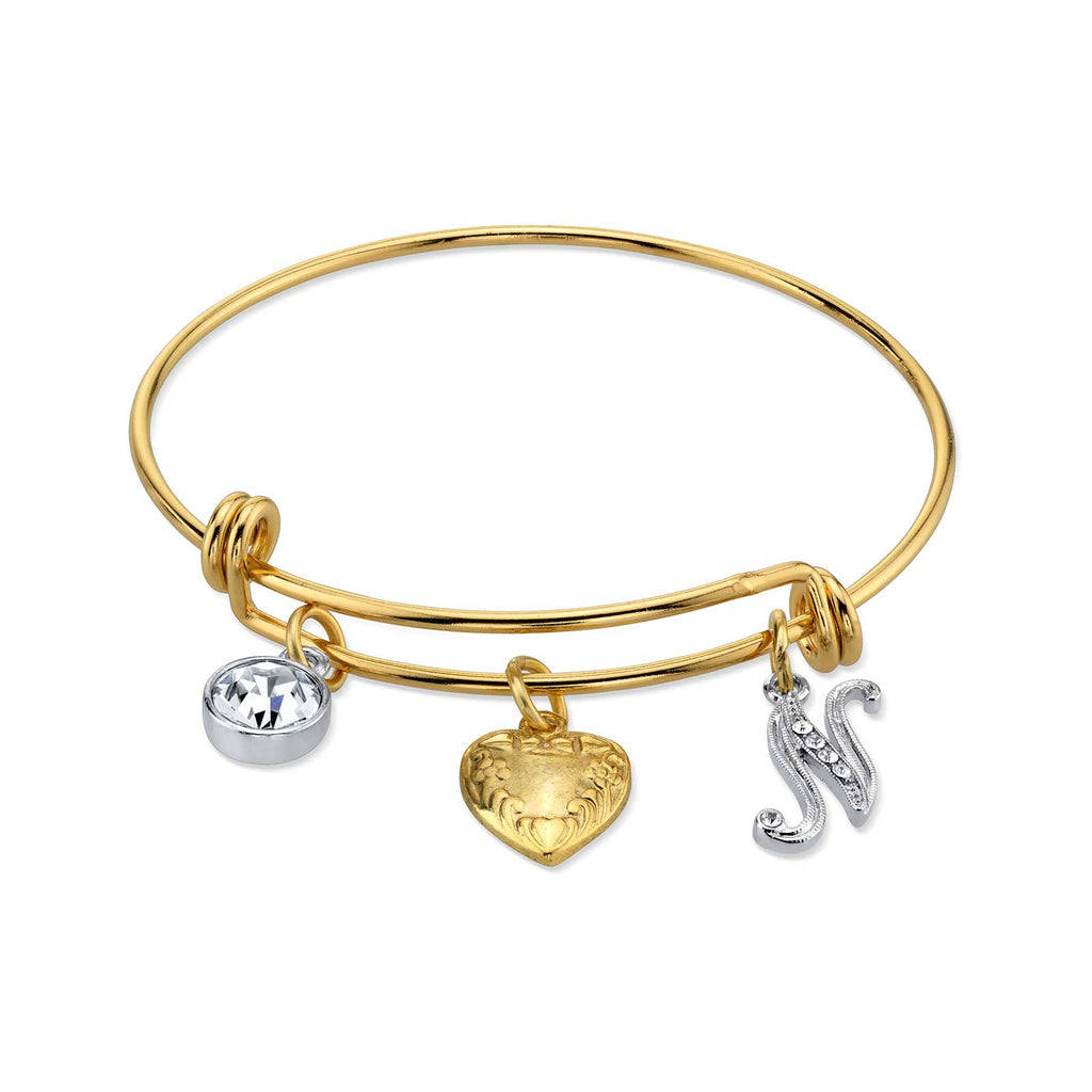 Women's Gold Heart N Initial Crystal Charm Bangle Bracelet, 2.5"