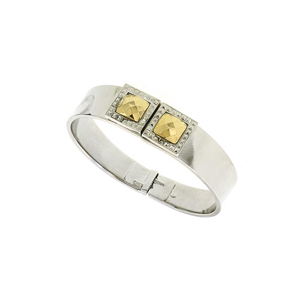 Silver Tone And Gold Tone Stone Square Small Hinged Bracelet