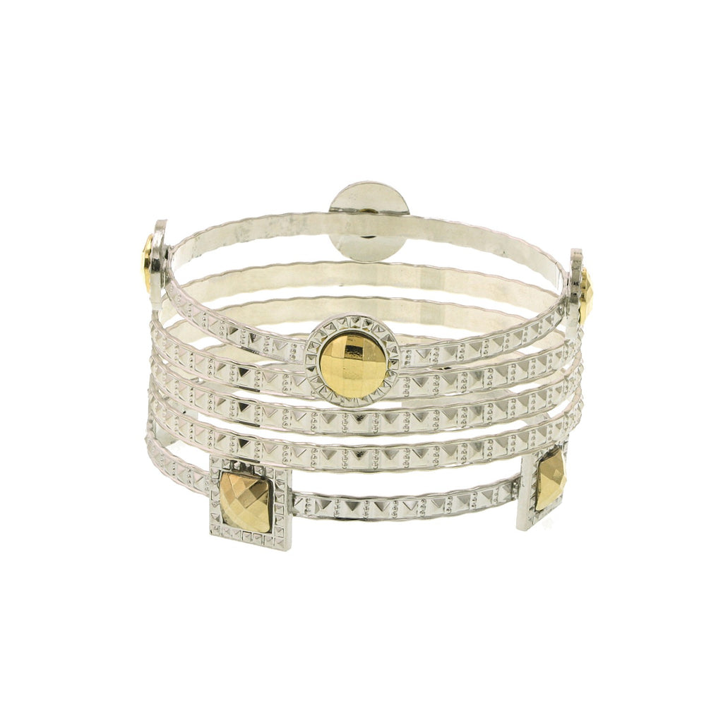 Silver Tone Five Row Round And Square Accent Bangle Bracelet