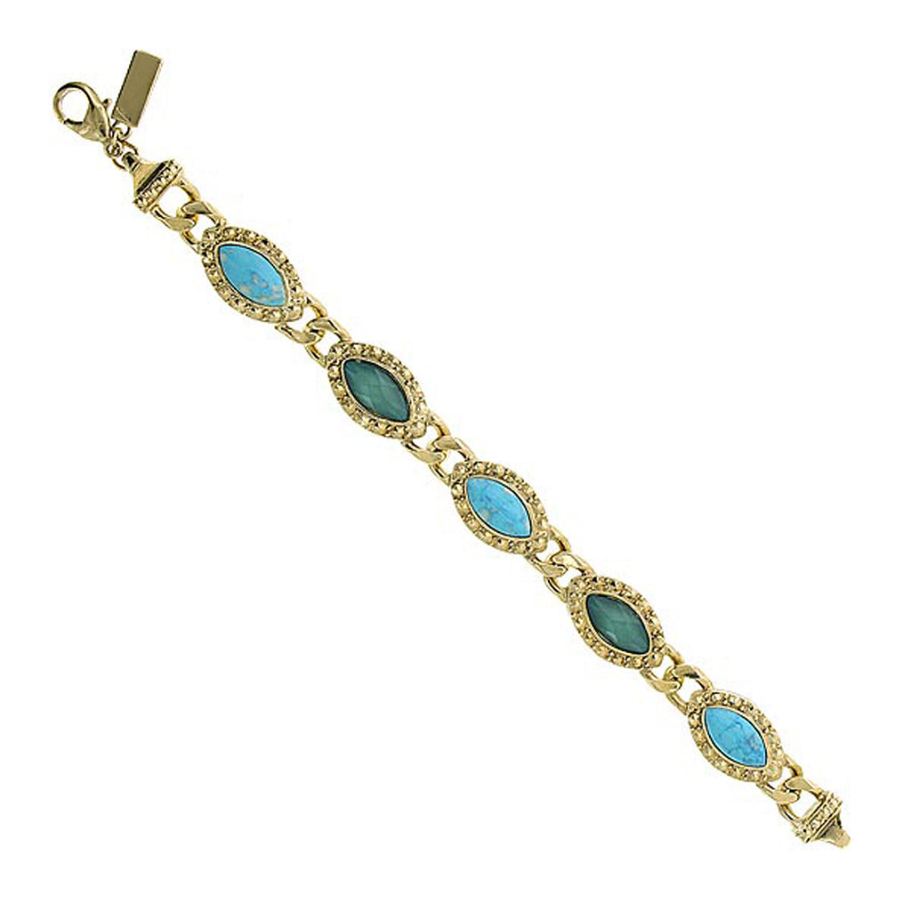 Gold Tone Green And Turquoise Color Marquise Link Bracelet