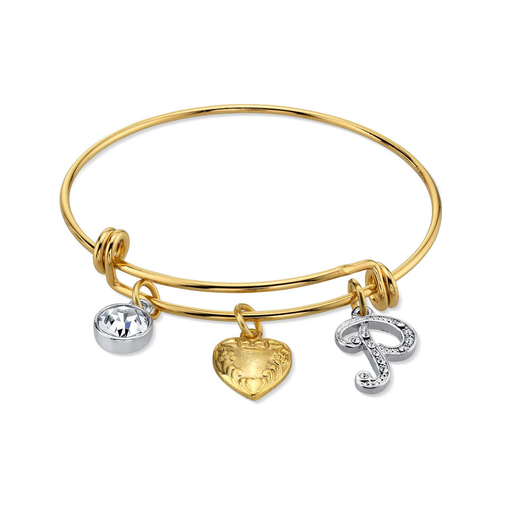 Women's Gold Heart P Initial Crystal Charm Bangle Bracelet, 2.5"