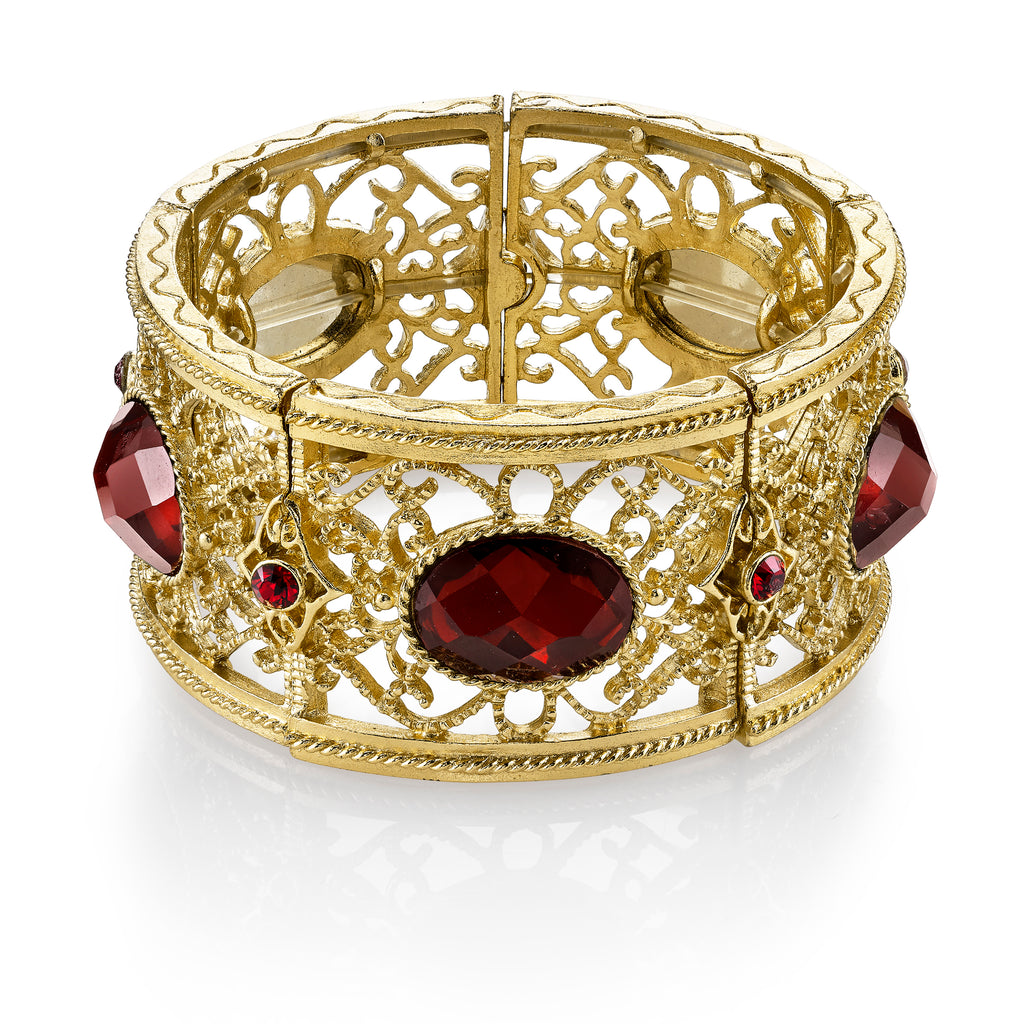 Gold Tone Red Faceted Oval Filigree Stretch Bracelet
