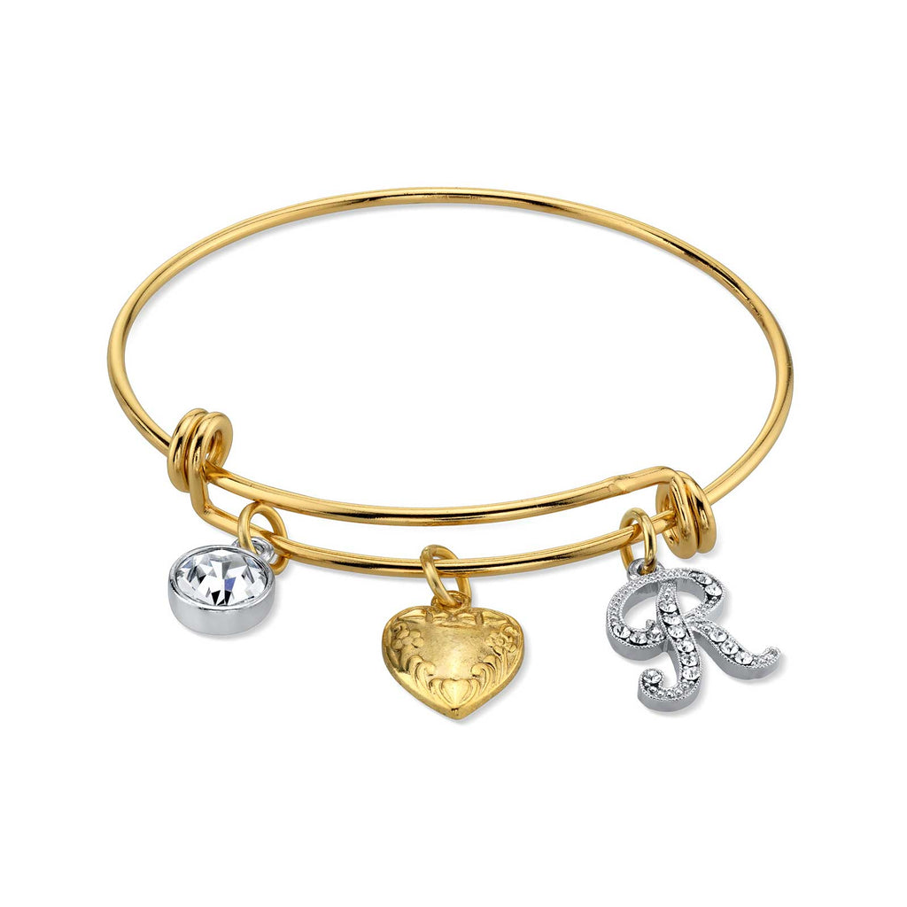 Women's Gold Heart R Initial Crystal Charm Bangle Bracelet, 2.5"