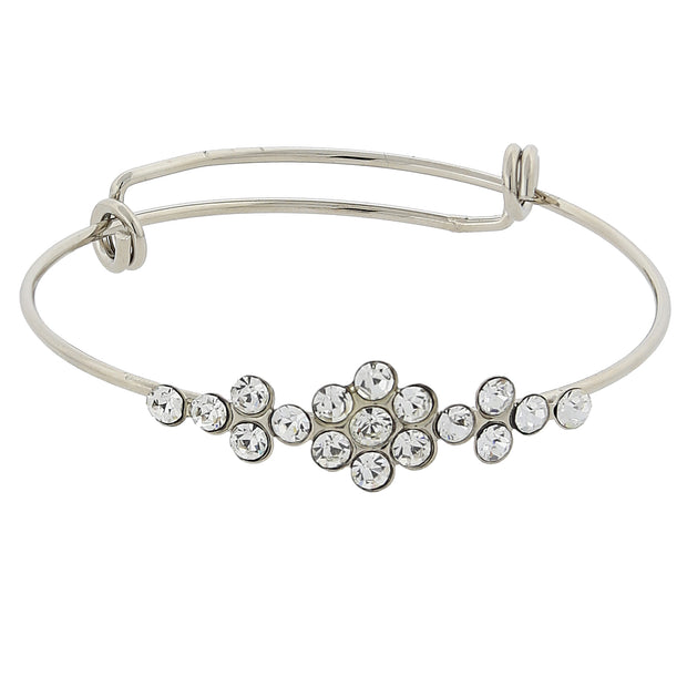 Silver Tone Clear Crystal Flower Wire Bangle Bracelet