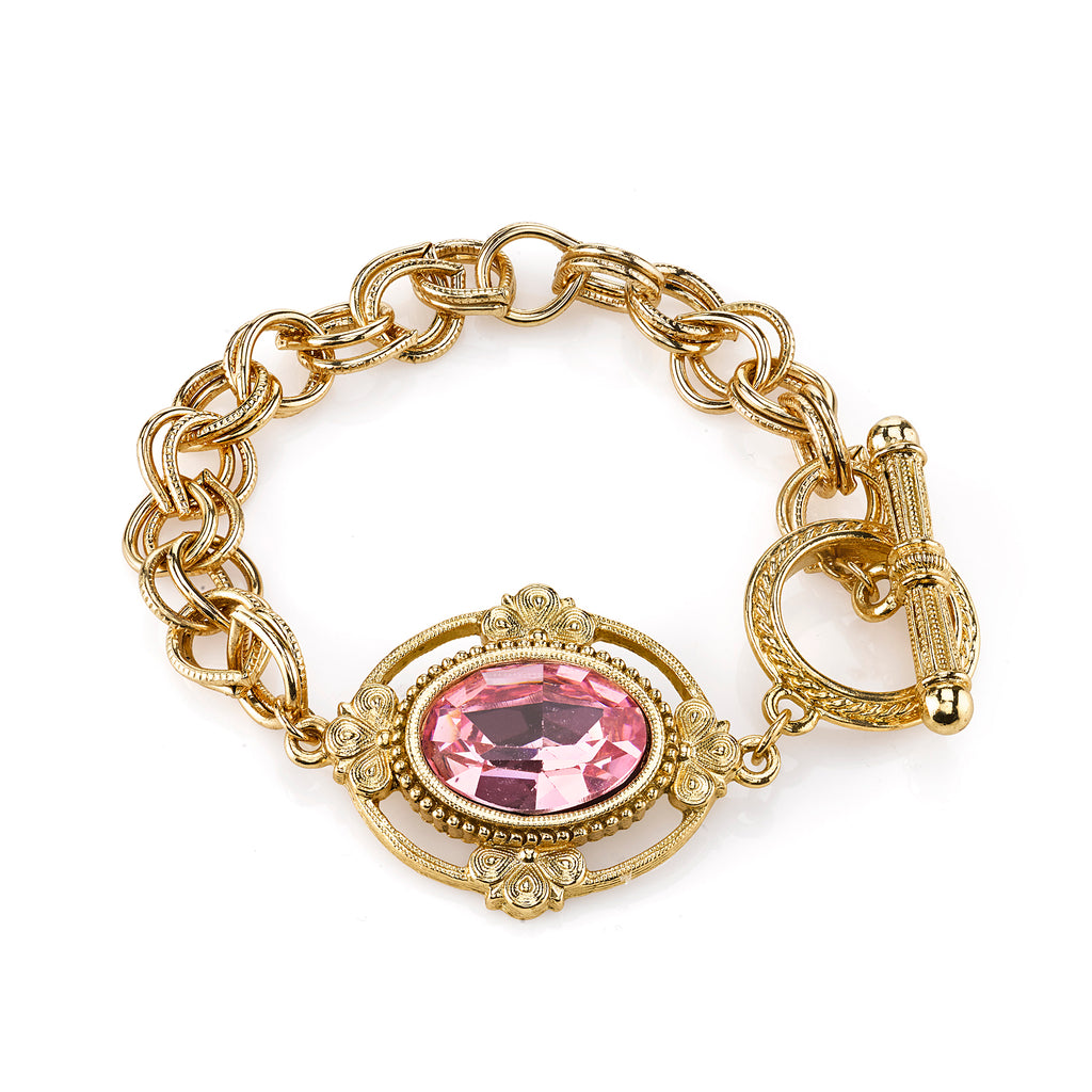 Gold Tone Light Rose Pink Austrian Crystal Toggle Bracelet