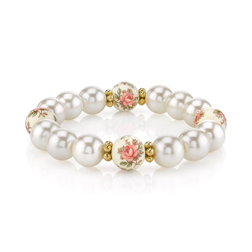 Ivory And Desert Pink Rose Faux Pearl Stretch Bracelet