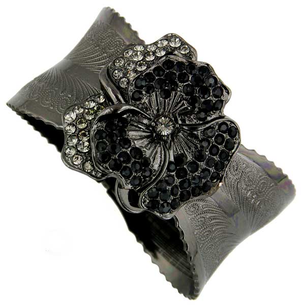 Black Tone Black Diamond And Black Crystal Flower Cuff Bracelet
