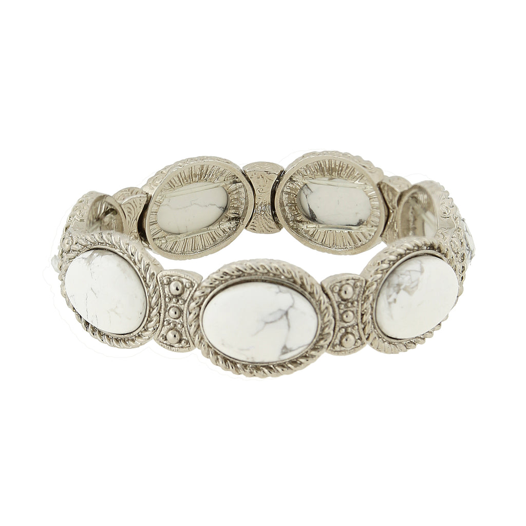 Silver Tone Gemstone White Howlite Stretch Bracelet