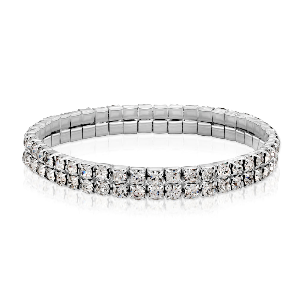 Silver Tone Clear Crystal 2 Row Rhinestone Stretch Bracelet