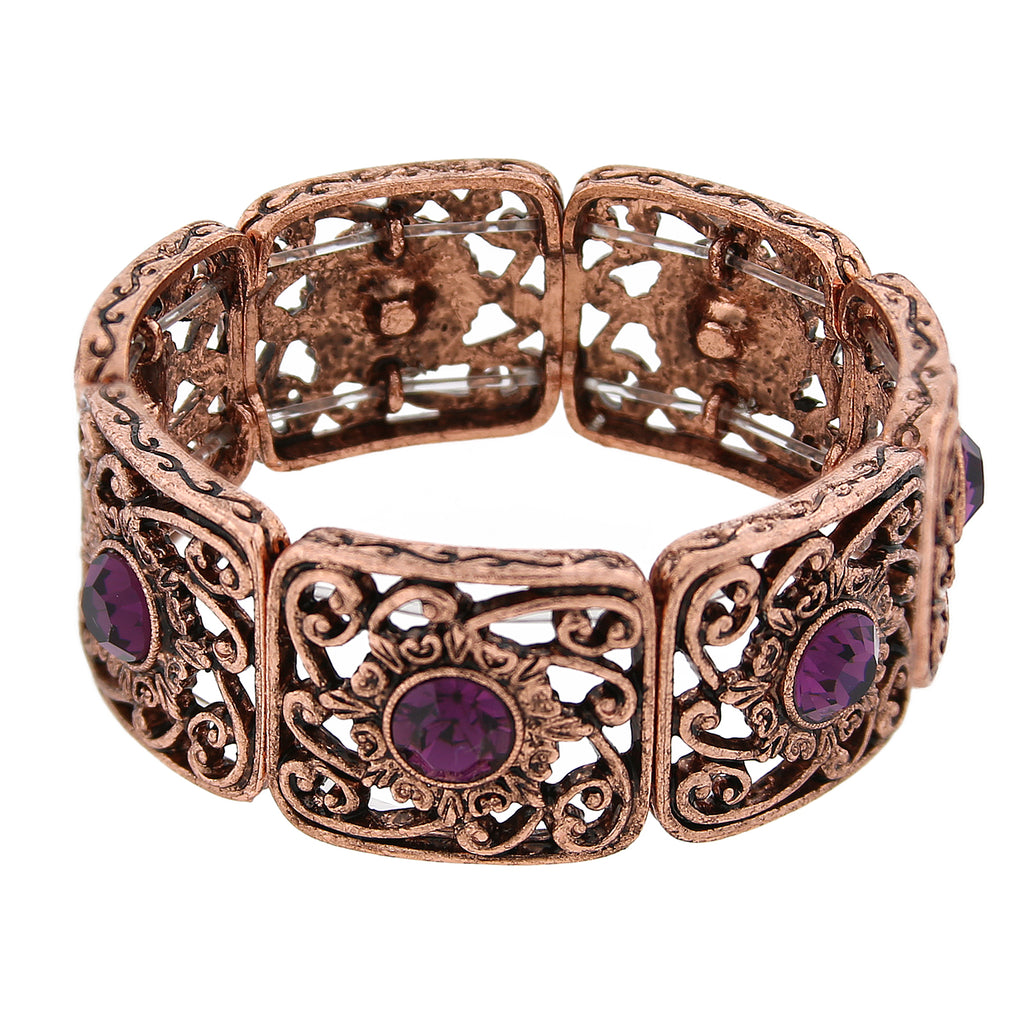 Amethyst Purple Intricate Wavy Filigree Round Crystal Stretch Bracelet