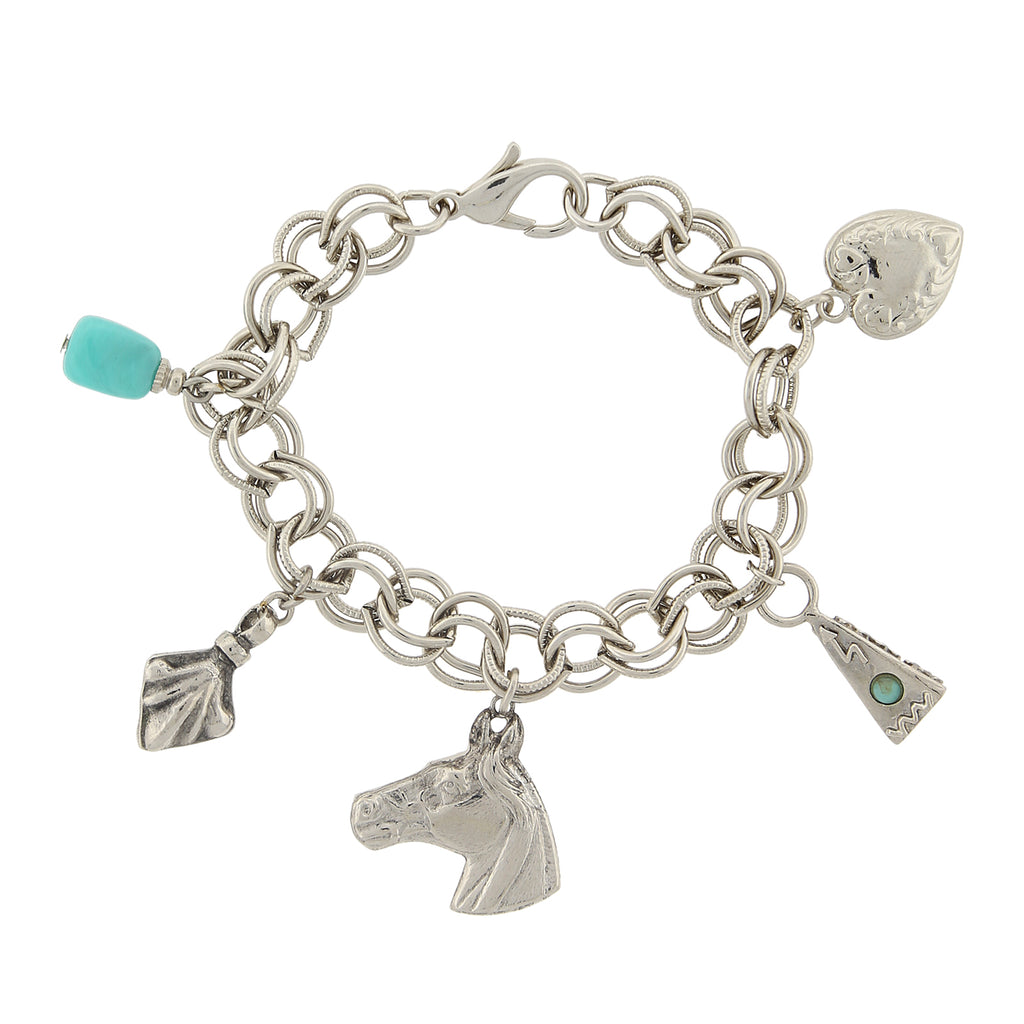 Silver Tone Turquoise Color Accents And Multi Charm Bracelet
