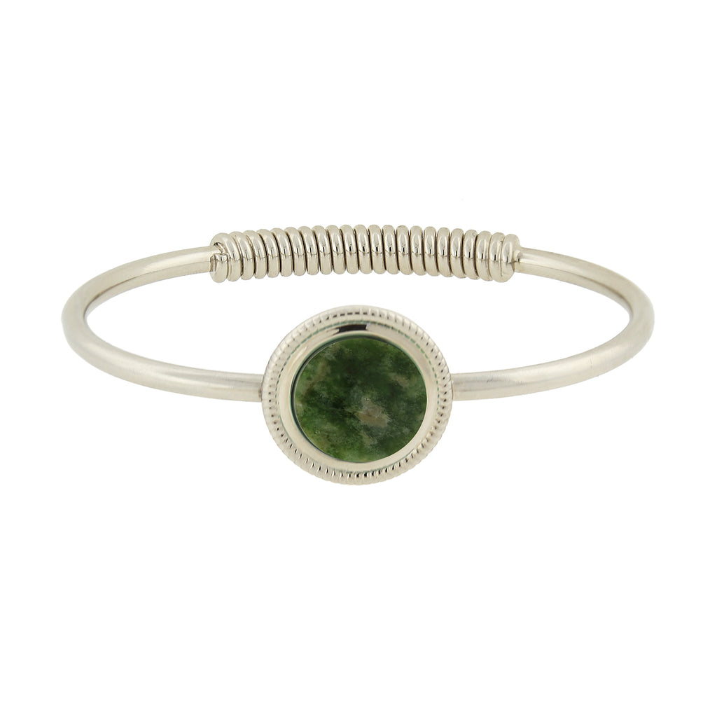 Silver Tone Semi Precious Spring Hinge Bracelet Marble Jade