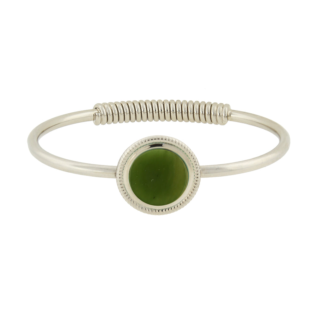 Silver Tone Semi Precious Spring Hinge Bracelet Jade