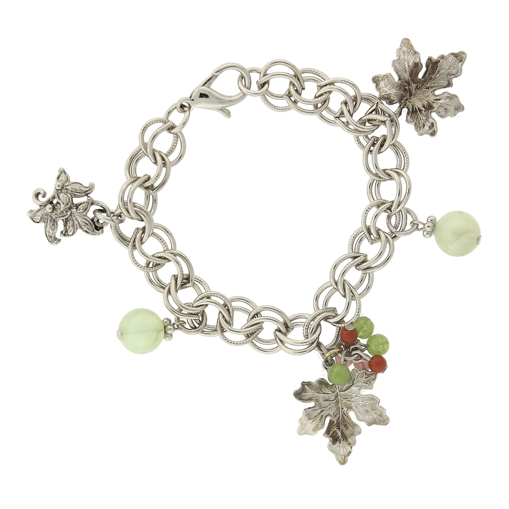 Silver Tone Grape Leaves And Multi Color Bead Accent Charm Bracelet